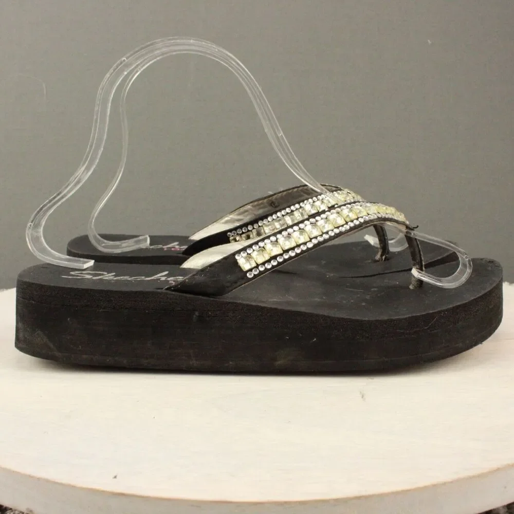 Skechers Foam Rhinestone Flip Flops Womens 8 Black Casual Sandals - Picture 1 of 11